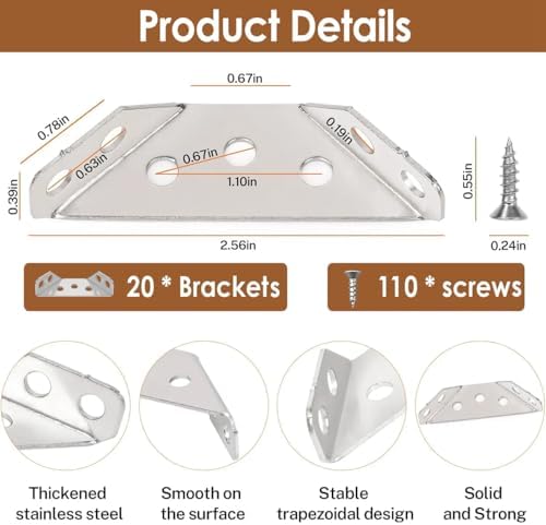 20PCS Universal Stainless Steel L Brackets for Wood,Hardware Metal Angle Bracket Corner Braces