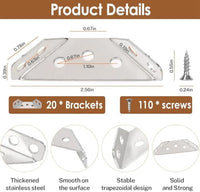 Thumbnail for 20PCS Universal Stainless Steel L Brackets for Wood,Hardware Metal Angle Bracket Corner Braces