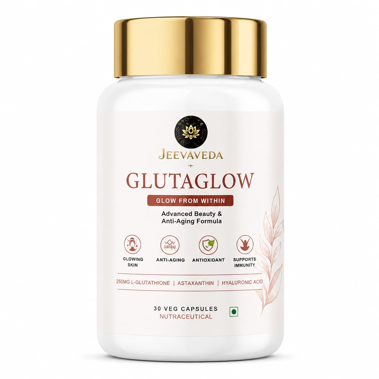 Glutathione Capsules for Skin Glow | JEEVAVEDA GLUTAGLOW with NAC, Vitamin C, Astaxanthin, Hyaluronic Acid, Ceramide & CoQ10 | Beauty & Anti-Aging Supplement | 60 Veg Capsules