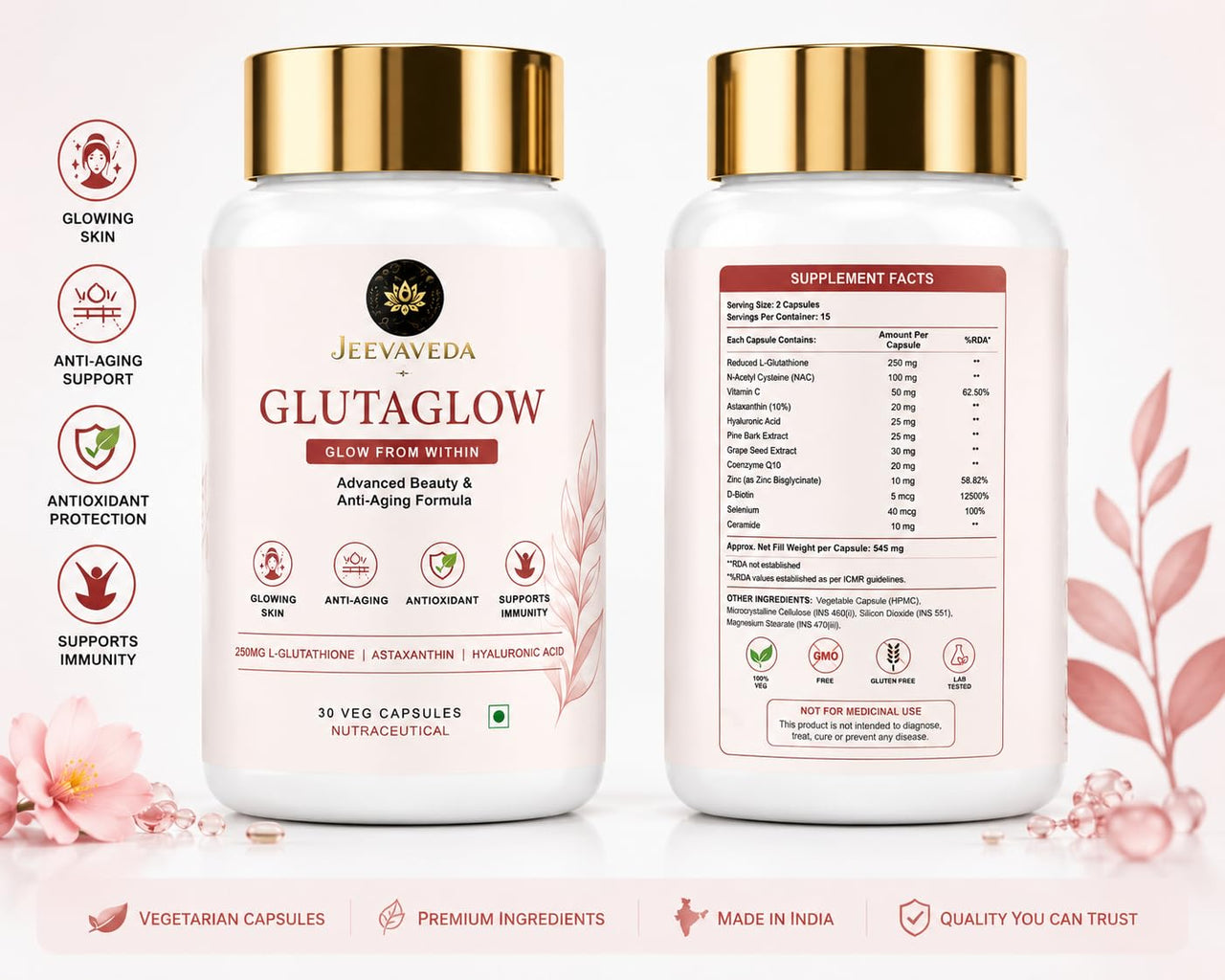 Glutathione Capsules for Skin Glow | JEEVAVEDA GLUTAGLOW with NAC, Vitamin C, Astaxanthin, Hyaluronic Acid, Ceramide & CoQ10 | Beauty & Anti-Aging Supplement | 60 Veg Capsules