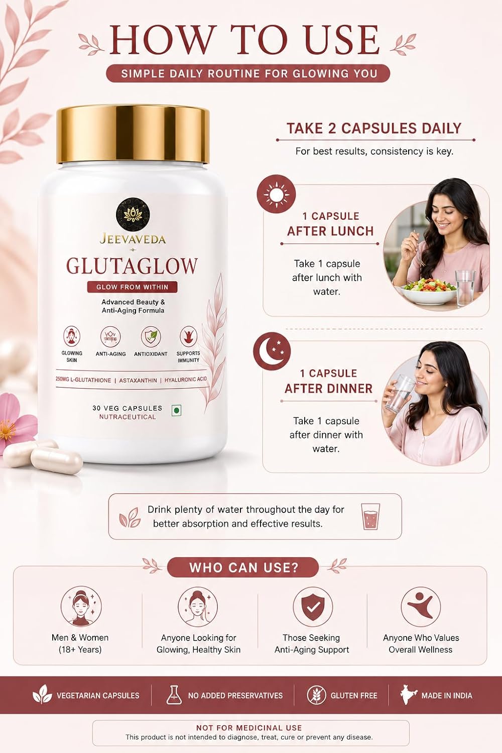 Glutathione Capsules for Skin Glow | JEEVAVEDA GLUTAGLOW with NAC, Vitamin C, Astaxanthin, Hyaluronic Acid, Ceramide & CoQ10 | Beauty & Anti-Aging Supplement | 60 Veg Capsules