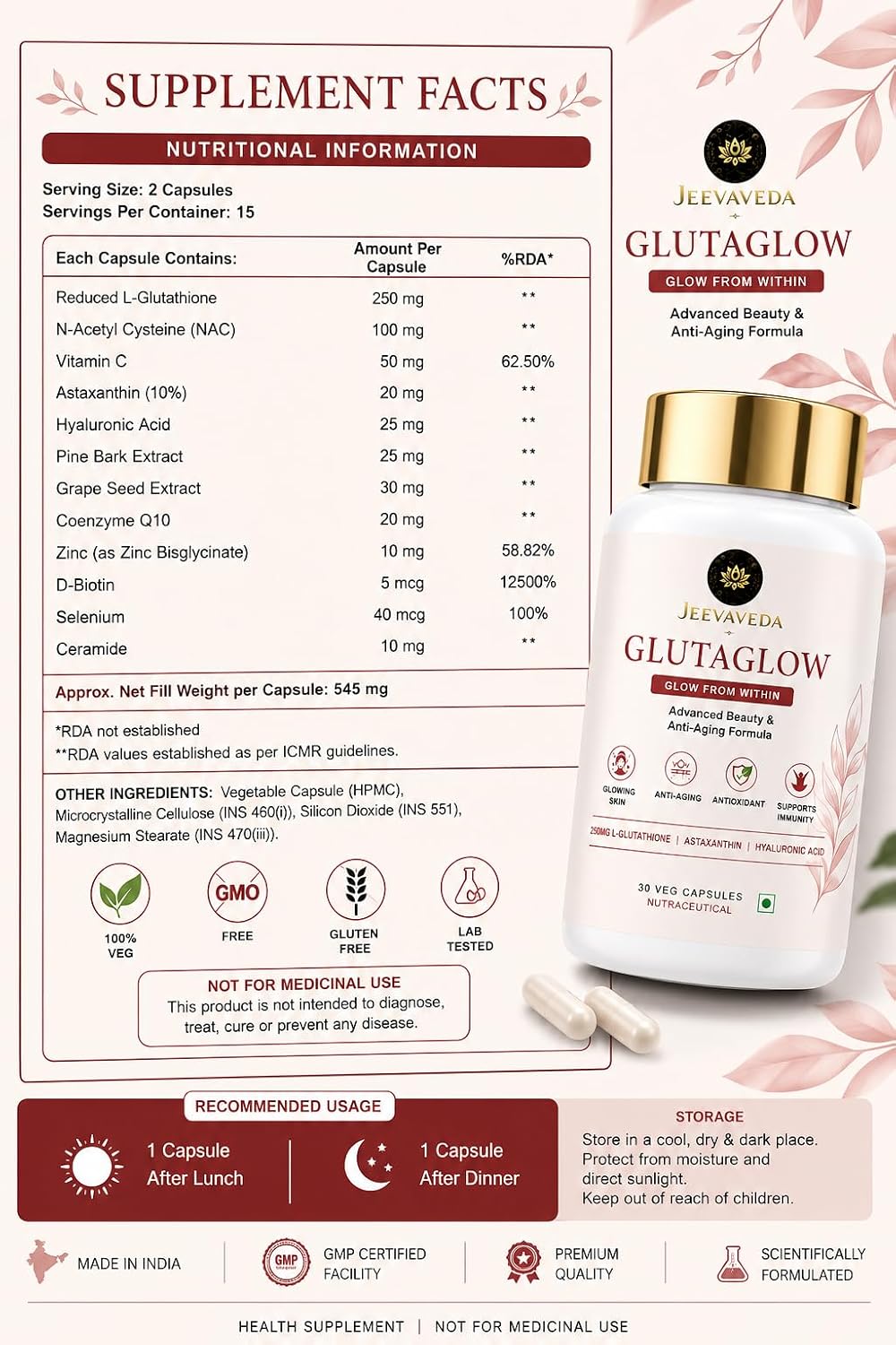 Glutathione Capsules for Skin Glow | JEEVAVEDA GLUTAGLOW with NAC, Vitamin C, Astaxanthin, Hyaluronic Acid, Ceramide & CoQ10 | Beauty & Anti-Aging Supplement | 60 Veg Capsules