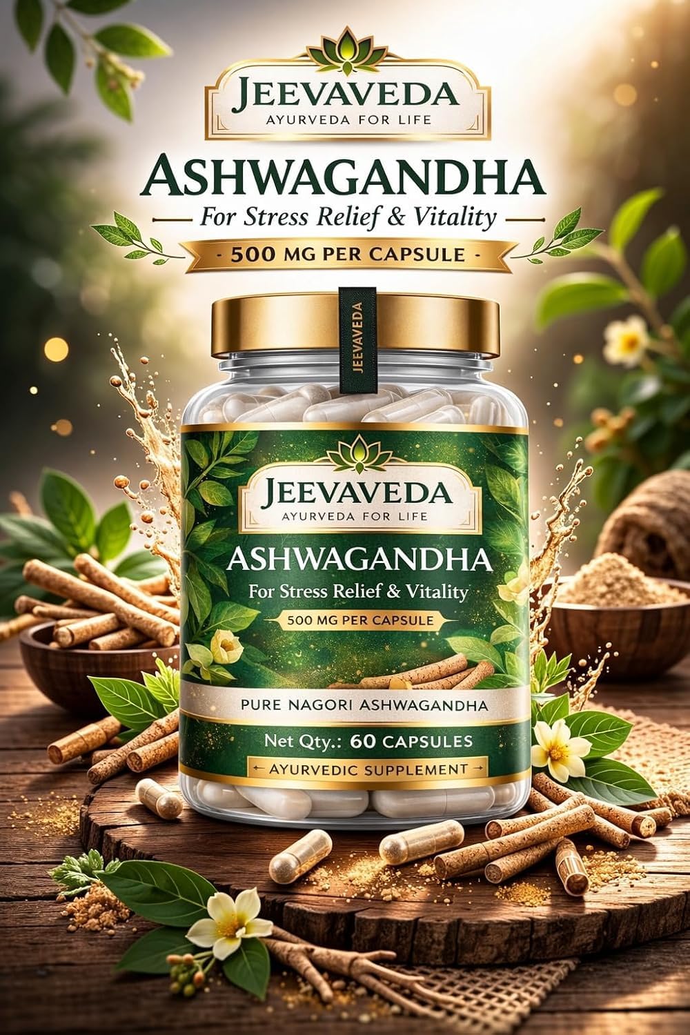 Ashwagandha Gold | 5% Withanolides | 100% Pure Root Extract | Herbal Supplement | Capsules | Stress Relief, Energy & Recovery Support | 60 Capsules Pack