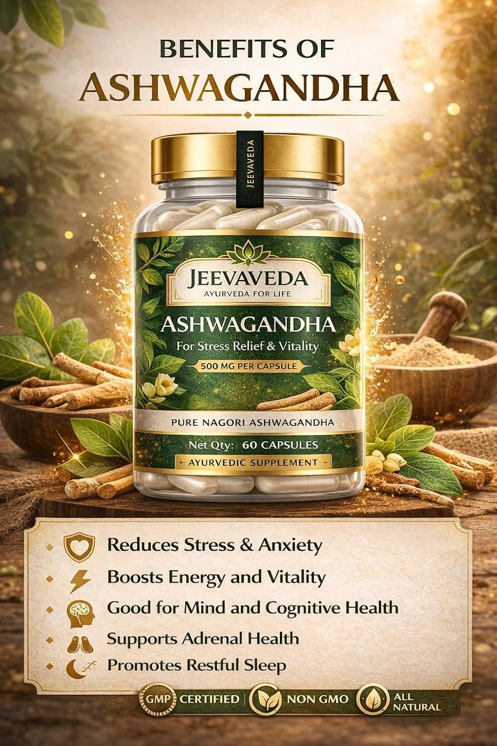 Ashwagandha Gold | 5% Withanolides | 100% Pure Root Extract | Herbal Supplement | Capsules | Stress Relief, Energy & Recovery Support | 60 Capsules Pack