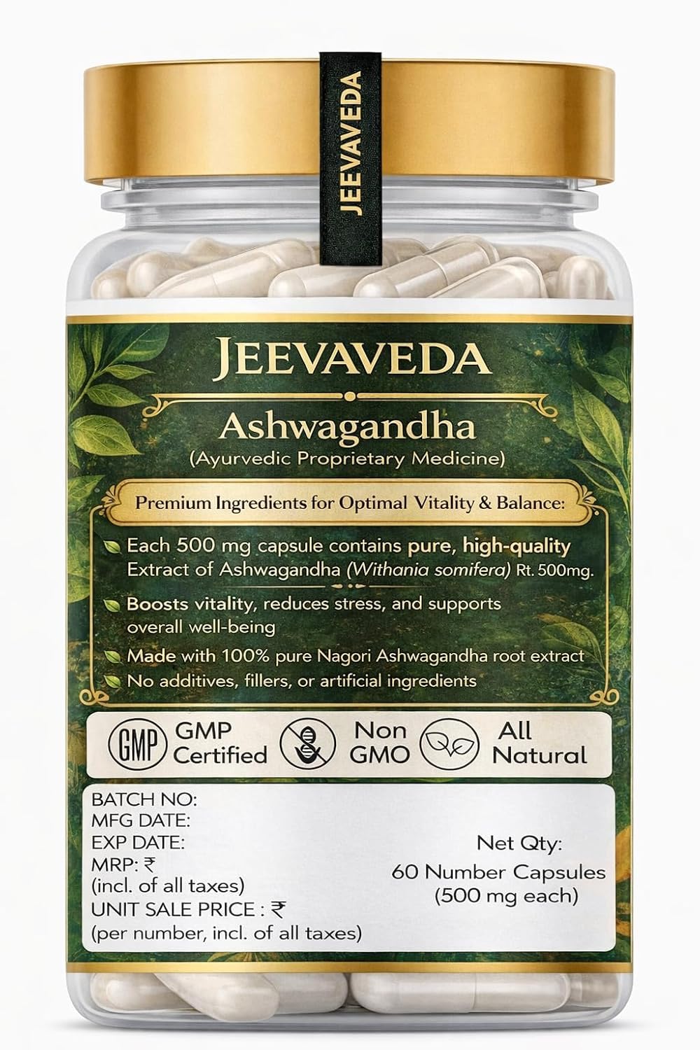 Ashwagandha Gold | 5% Withanolides | 100% Pure Root Extract | Herbal Supplement | Capsules | Stress Relief, Energy & Recovery Support | 60 Capsules Pack