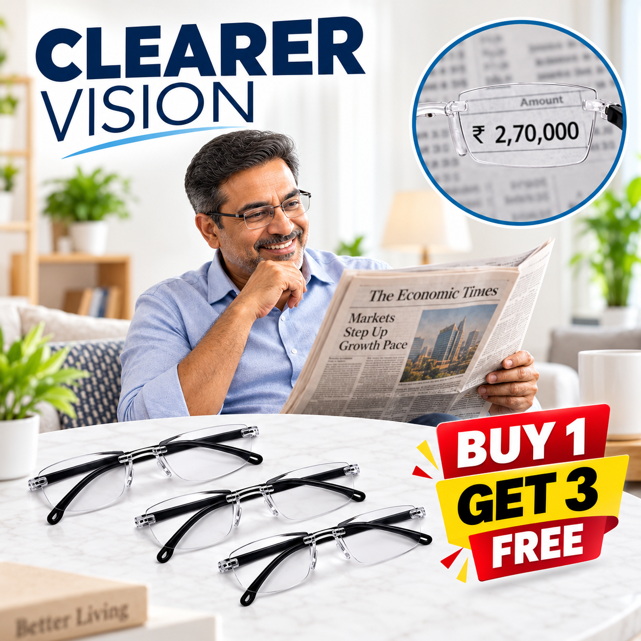 Rimless Adaptive Reading Glasses – Buy 1 Get 3 Free | Clear Vision & Lightweight