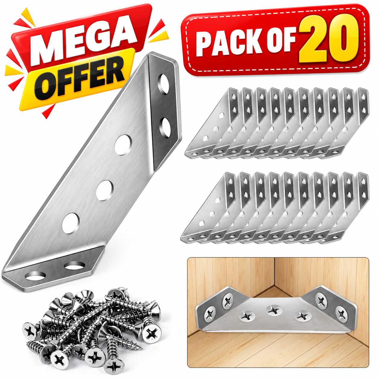 20PCS Universal Stainless Steel L Brackets for Wood,Hardware Metal Angle Bracket Corner Braces