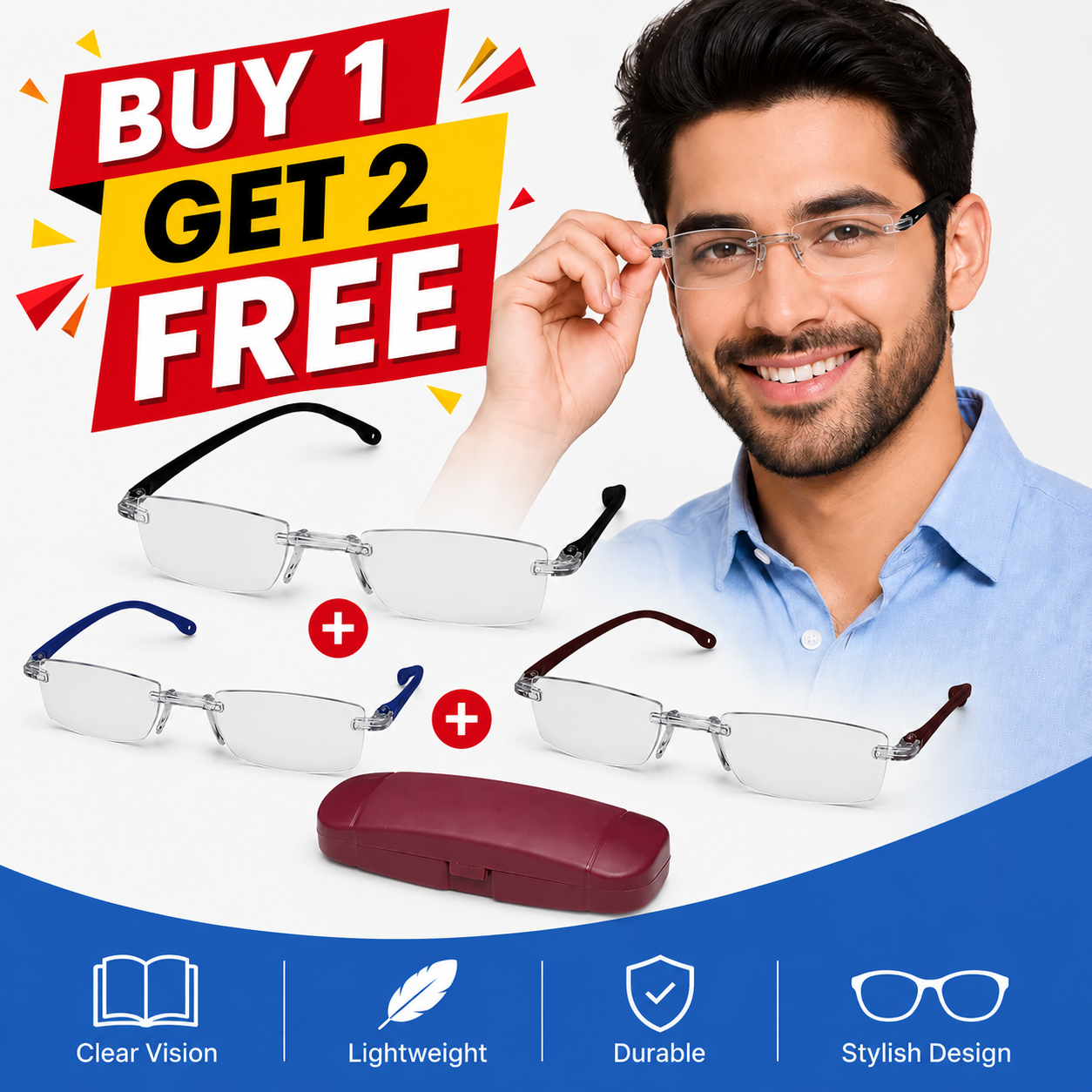 Buy 1 Get 2 Free Rimless Adaptive Power Reading Glasses @ Just 499/