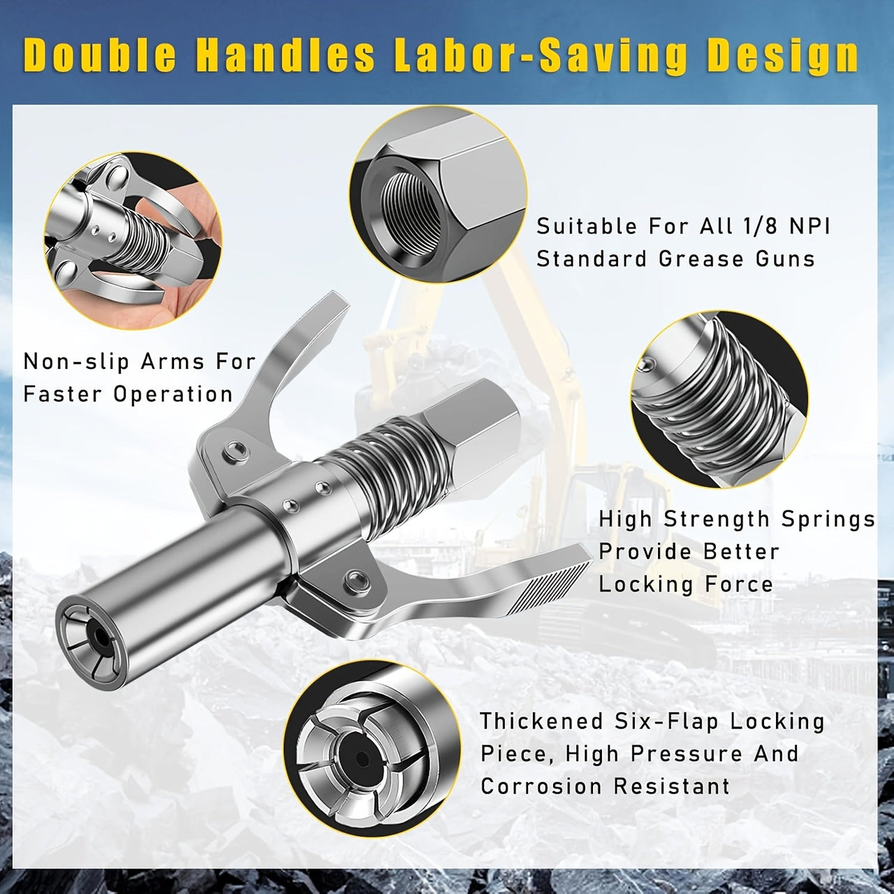 Grease Gun Coupler, Double Handles Quick Release Grease Nozzle Joint Fittings with 6 Thickened Jaws